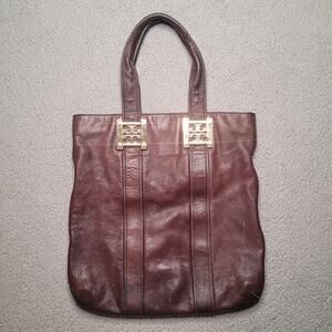 Tory Burch Tote Bag Large Brown Leather Pebbled Top Handle Logo Zip Purse